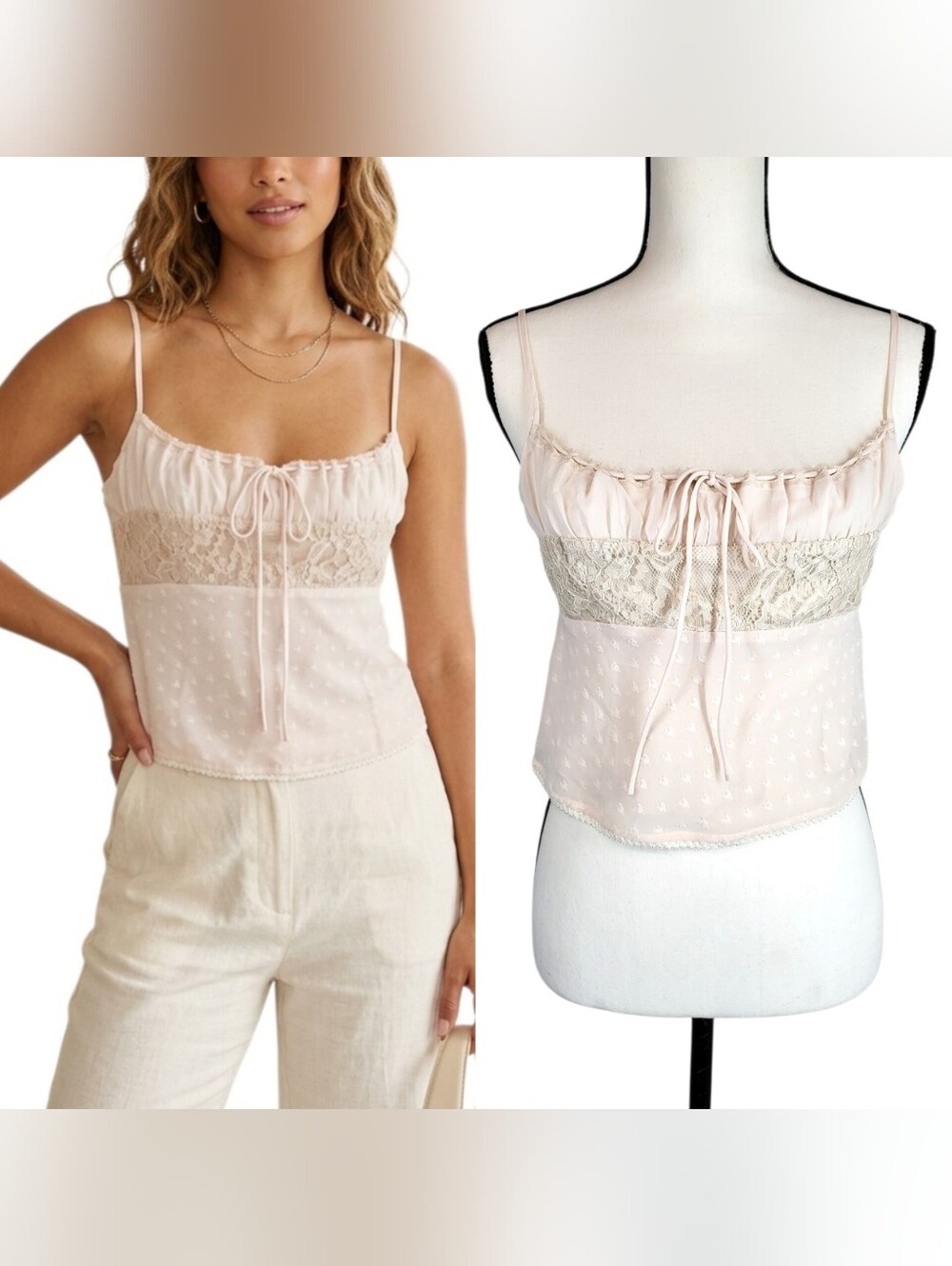 Rumored Cami Top Ivory Cream Lace Clip Dot Heart Coquette Cottagecore Size S NWT